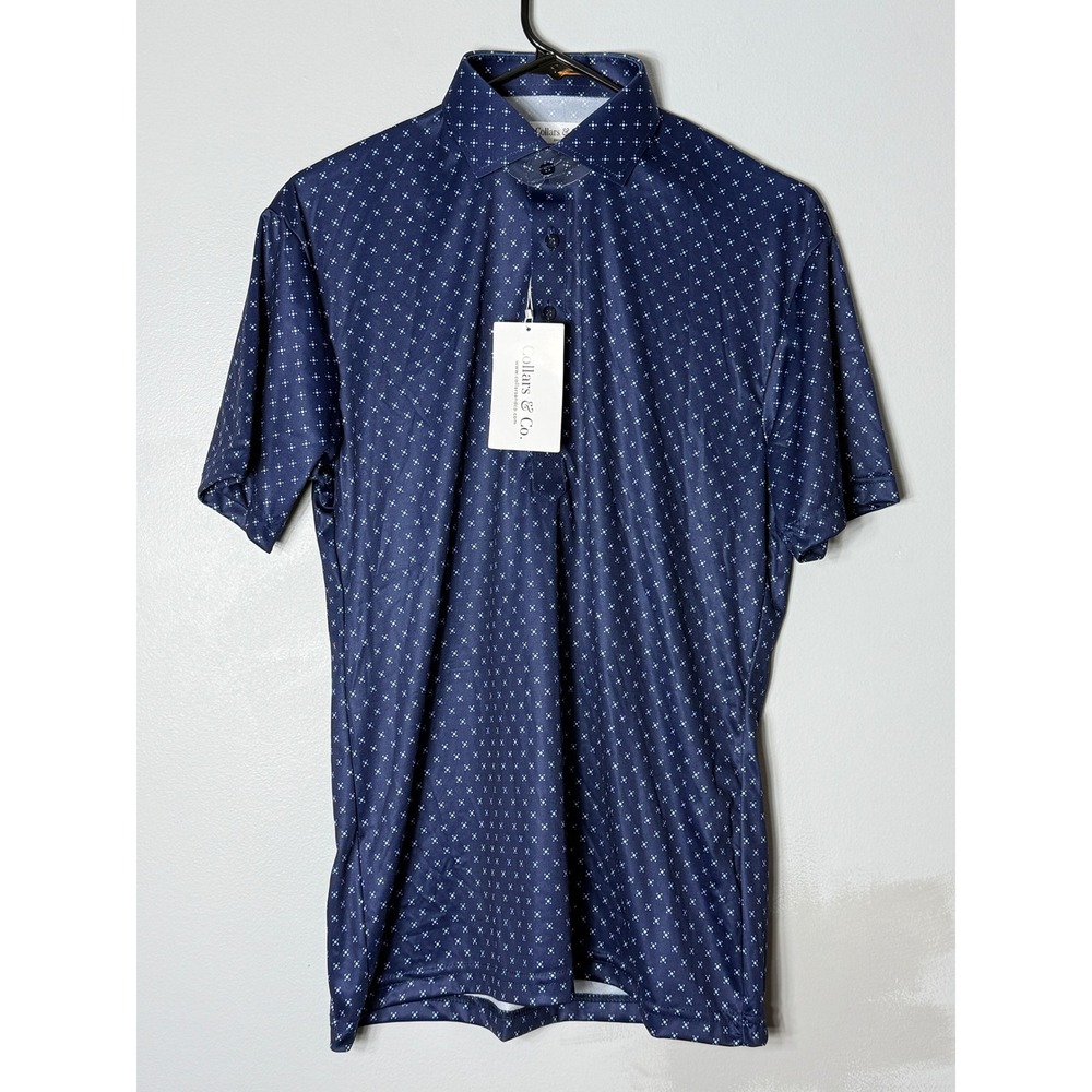 Collars & Co Mens Polo Shirt Small Navy Blue Geometric Dress Collar Performance